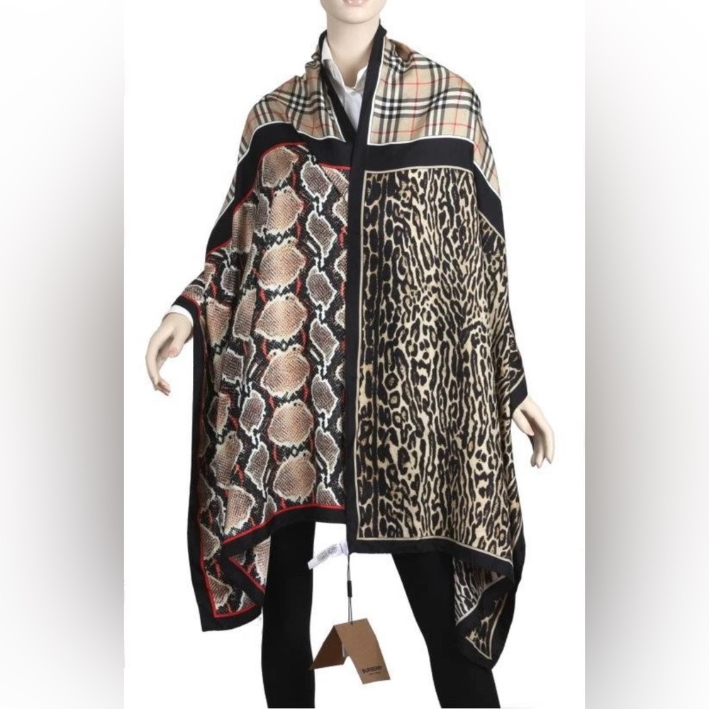 NEW BURBERRY LEOPARD SNAKE CHECK LOGO SILK OVERSIZED LONG SHAWL SCARF WRAP